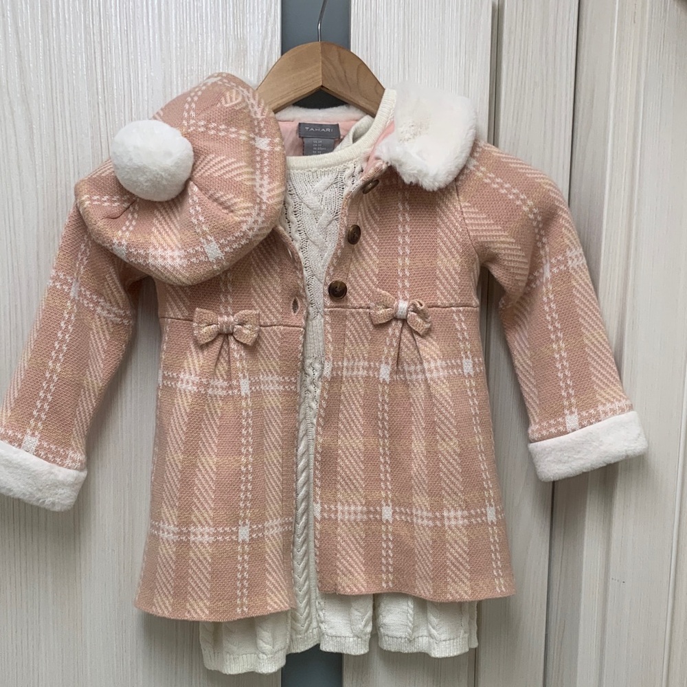 Tahari Girls Pink Plaid Wool Blend Pea Coat with Beret